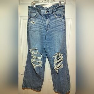 American Eagle Curvy Super High Rise Baggy Straight Jeans Mujer 14 Distressed